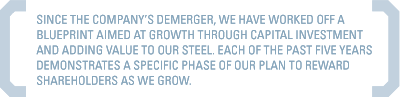 SINCE THE COMPANY'S DEMERGER, WE HAVE WORKED OFF A BLUEPRINT AIMED AT GROWTH THROUGH CAPITAL INVESTMENT AND ADDING VALUE TO OUR STEEL. EACH OF THE PAST FIVE YEARS DEMONSTRATES A SPECIFIC PHASE OF OUR PLAN TO REWARD SHAREHOLDERS AS WE GROW.